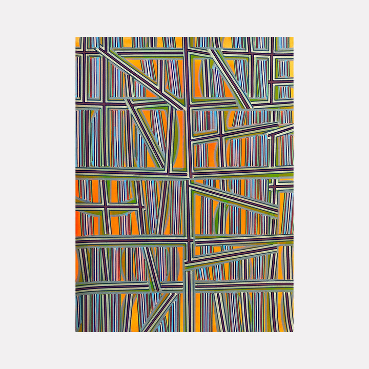 The artwork "Orange Drawing" by Elyce Abrams features an intricate composition of intersecting lines and geometric shapes, predominantly in vivid orange, purple, green, and yellow hues. The piece showcases a modern abstract style reminiscent of Piet Mondrian’s grid structures, with textured layers and bold color contrasts creating dynamic visual rhythm.
