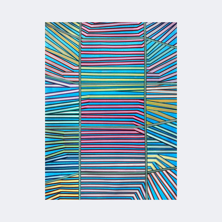 The artwork "Reaching Out" by Elyce Abrams features an intricate geometric composition with vibrant horizontal and diagonal stripes in vivid blues, pinks, yellows, and greens. The piece evokes the dynamic abstraction and optical illusions reminiscent of Bridget Riley and Victor Vasarely, creating a visually engaging textile-like texture through layered patterns and bold color contrasts.