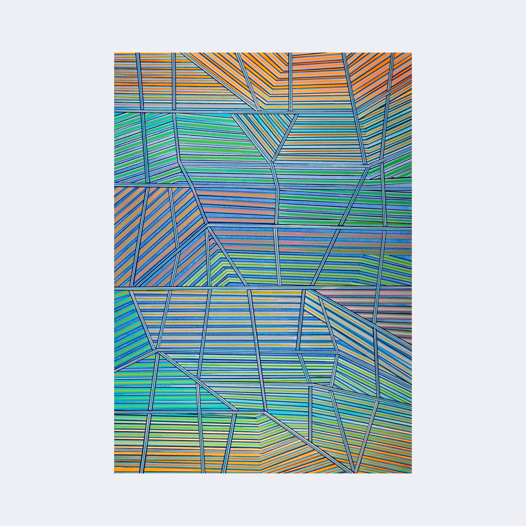The artwork "Silence" by Elyce Abrams features an intricate geometric composition of multicolored lines and shapes. The piece showcases intersecting linear patterns in vibrant hues of blue, green, orange, and purple, reminiscent of the abstract style of Piet Mondrian combined with Op Art influences. The texture appears flat with a precise, methodical arrangement that evokes calm and contemplation.