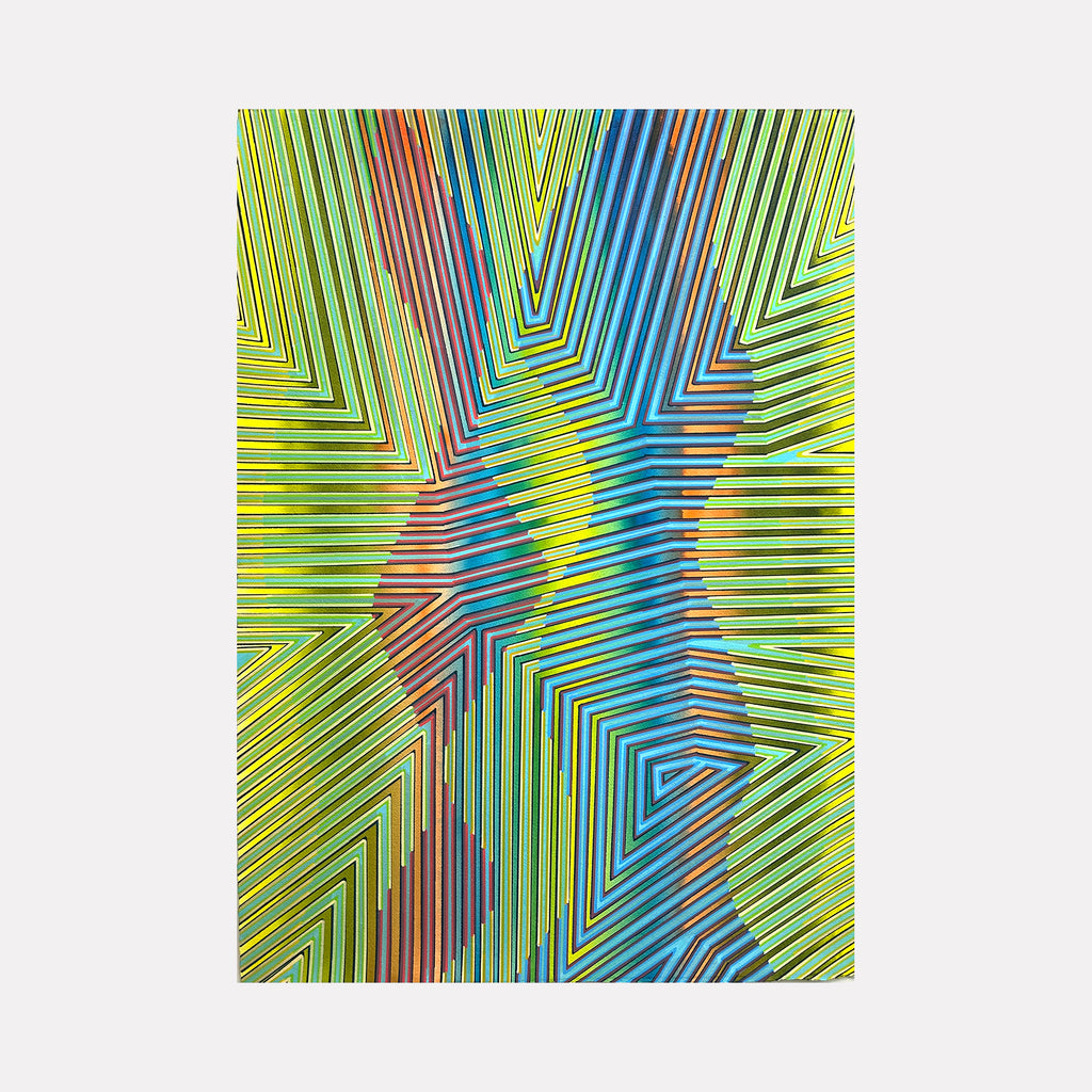 Shimmer by Elyce Abrams features a mesmerizing abstract pattern of angled, radiating lines in vivid greens, blues, reds, and yellows. The layered geometric shapes create an optical illusion of depth and movement, emitting a luminous, dynamic energy that captures attention with its vibrant complexity and flowing rhythm.
