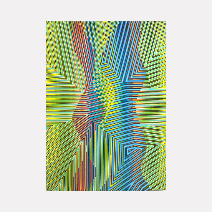 Shimmer by Elyce Abrams features a mesmerizing abstract pattern of angled, radiating lines in vivid greens, blues, reds, and yellows. The layered geometric shapes create an optical illusion of depth and movement, emitting a luminous, dynamic energy that captures attention with its vibrant complexity and flowing rhythm.