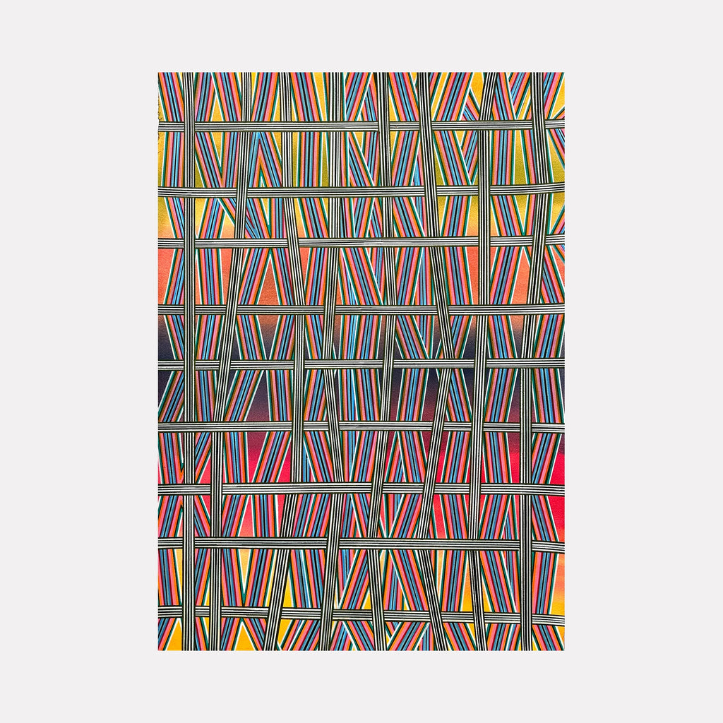 The artwork "Staying Close" by Elyce Abrams features an intricate grid of overlapping black lines forming geometric rectangles and triangles, with vibrant colors including red, yellow, blue, and pink filling the negative spaces. The densely patterned composition evokes the abstract precision of artists like Piet Mondrian and Bridget Riley, blending structured order with dynamic color contrasts.
