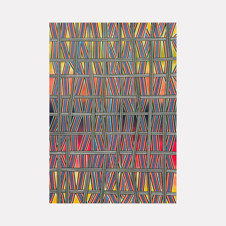 The artwork "Staying Close" by Elyce Abrams features an intricate grid of overlapping black lines forming geometric rectangles and triangles, with vibrant colors including red, yellow, blue, and pink filling the negative spaces. The densely patterned composition evokes the abstract precision of artists like Piet Mondrian and Bridget Riley, blending structured order with dynamic color contrasts.