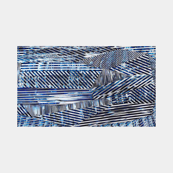 The artwork "The Plan" by Elyce Abrams features an intricate arrangement of overlapping geometric shapes with sharp angles, composed of dense black and white stripes interspersed with vibrant cobalt and navy blue accents. The dynamic composition evokes the precise abstractions of Frank Stella and the layered depth found in Bridget Riley’s optical patterns.