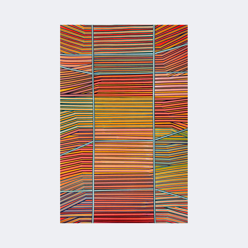 The artwork "Thinking Of You In The Sunshine" by Elyce Abrams features vibrant horizontal and diagonal stripes in warm shades of orange, red, yellow, and pink, intersected by cooler blues and greens. The geometric abstraction and bold use of color evoke styles similar to Bridget Riley and Frank Stella, creating a dynamic and rhythmic visual experience.