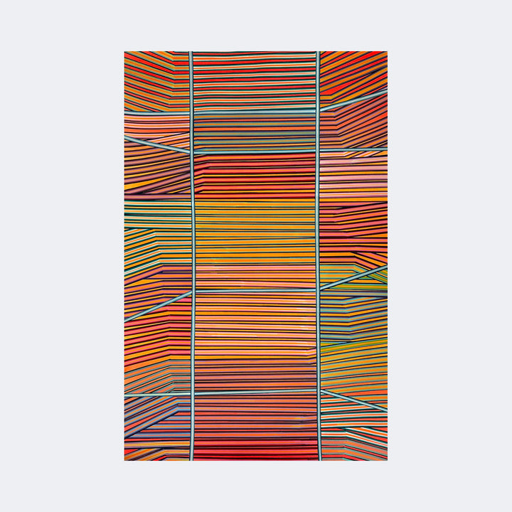 The artwork "Thinking Of You In The Sunshine" by Elyce Abrams features vibrant horizontal and diagonal stripes in warm shades of orange, red, yellow, and pink, intersected by cooler blues and greens. The geometric abstraction and bold use of color evoke styles similar to Bridget Riley and Frank Stella, creating a dynamic and rhythmic visual experience.