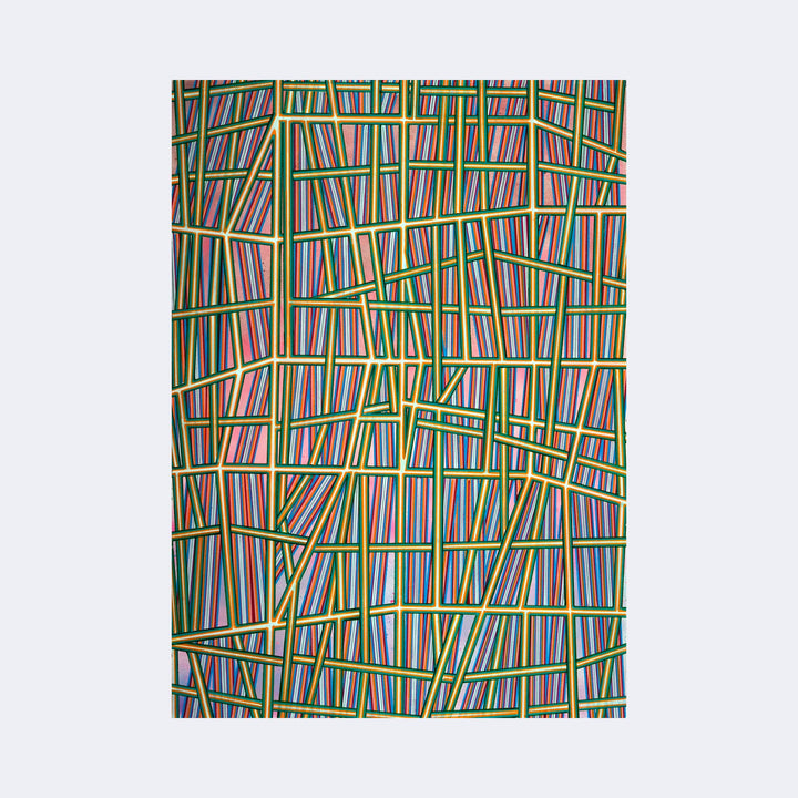 The artwork "This Remains" by Elyce Abrams features an intricate tapestry of overlapping rectangular grids filled with vibrant lines in shades of blue, yellow, orange, and green. The geometric abstraction and rhythmic pattern evoke the style of Piet Mondrian and Bridget Riley, blending Op Art with modernist influences in a layered, textured composition.