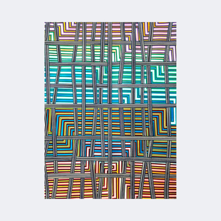The artwork "Unhurried" by Elyce Abrams features a complex grid of intersecting black and white striped lines overlaying vibrant horizontal and vertical bands of color. The palette transitions through pastel shades of pink, green, blue, and warm hues of orange and red. The geometric abstraction recalls the vibrant linear style of artists like Frank Stella and Bridget Riley.