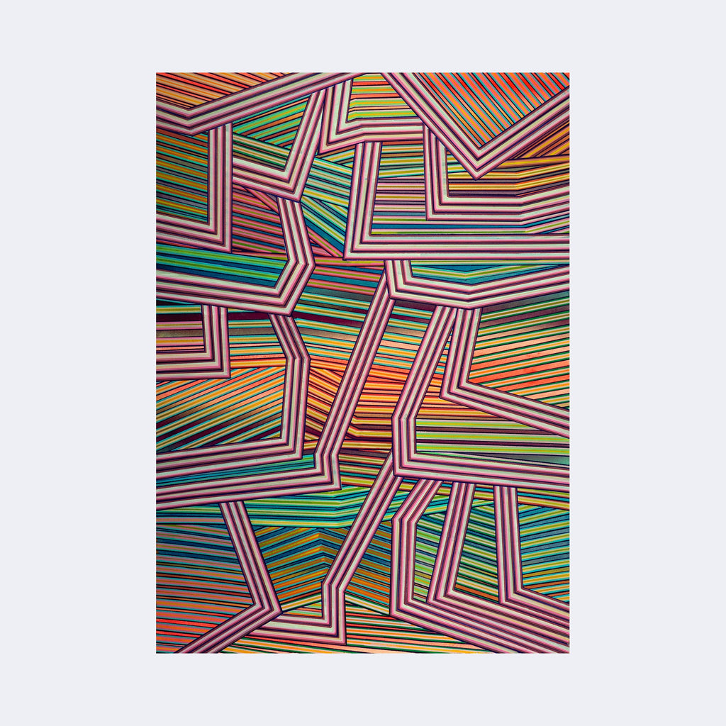The artwork "What We See" by Elyce Abrams features a complex composition of interlocking geometric shapes filled with multicolored, parallel stripes. The vibrant palette transitions through shades of pink, green, orange, blue, and yellow, creating a dynamic sense of depth and movement. The style is reminiscent of Op Art and the linear abstraction seen in works by Bridget Riley and Frank Stella.