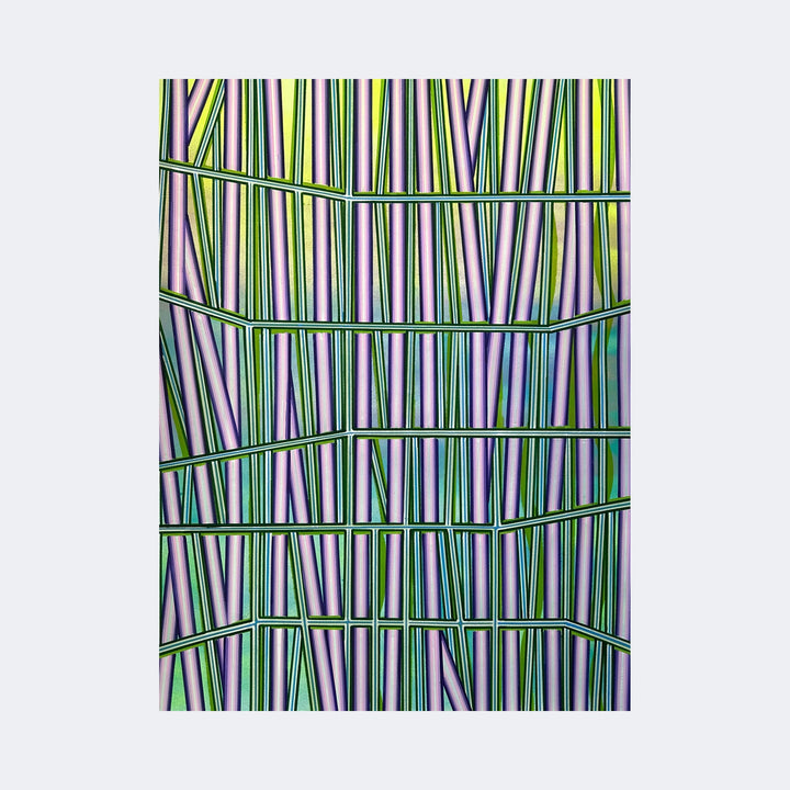 The artwork "Where Are They?" by Elyce Abrams features an intricate pattern of vertical and diagonal striped shapes in shades of purple, green, yellow, and black, arranged within a grid of dark green-bordered geometric sections. The abstract style and vibrant color interplay evoke reminiscent elements of Piet Mondrian's linear compositions combined with the textural layering found in Bridget Riley's optical art.