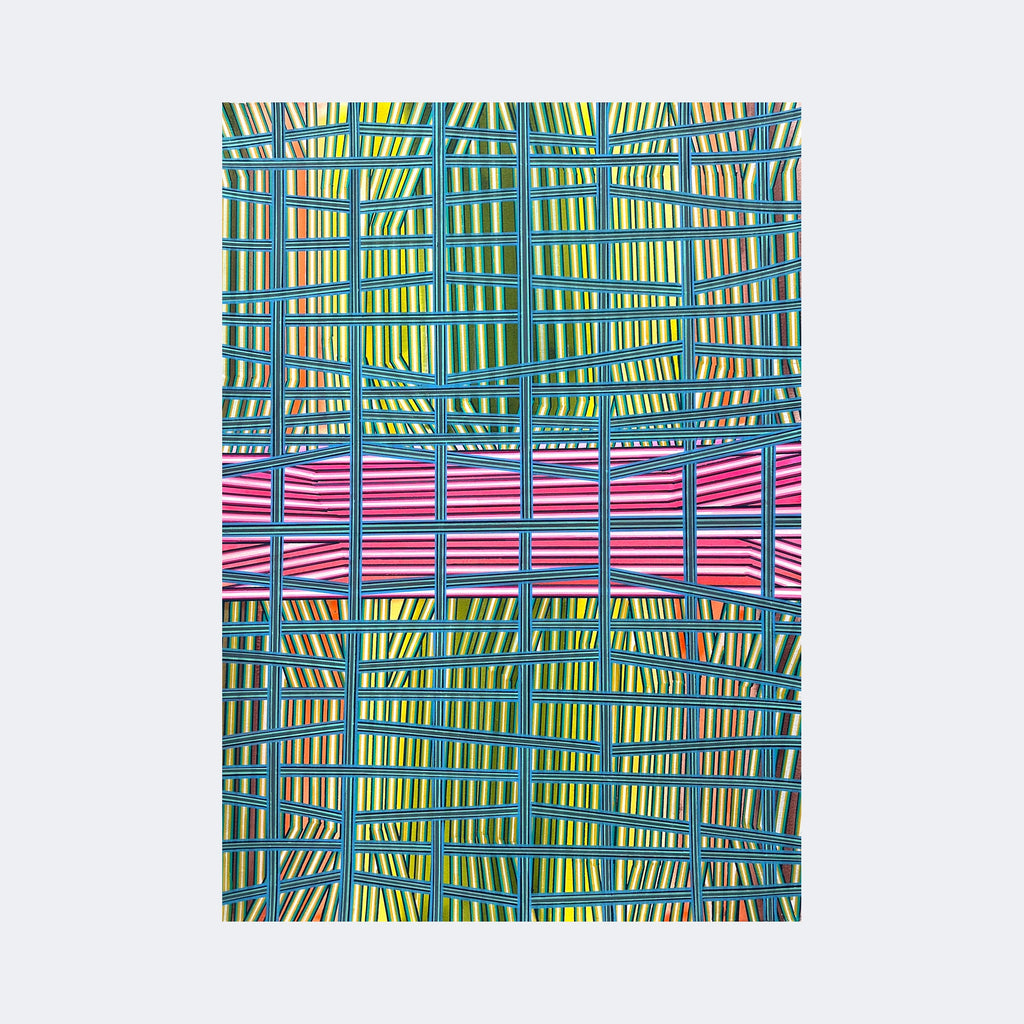 The artwork "Will We Make It Through" by Elyce Abrams features an intricate grid of intersecting blue lines creating a woven effect over vibrant vertical stripes in shades of green, yellow, and orange. A bold horizontal band of pink and red stripes contrasts sharply with the cooler tones. The piece echoes the geometric abstraction and textural complexity found in works by Piet Mondrian and Frank Stella.