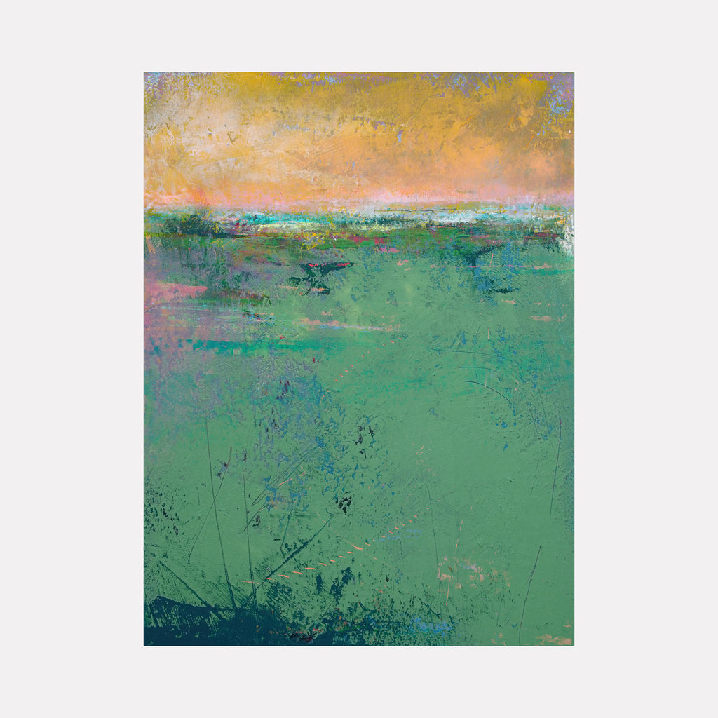Emerald Reverie by Victoria Primicias presents an abstract landscape where deep, textured greens blend into soft, muted pinks and warm golden hues. The composition evokes a tranquil, dreamlike scene with subtle hints of natural elements, radiating a calm, reflective mood through its harmonious layering of color and form.