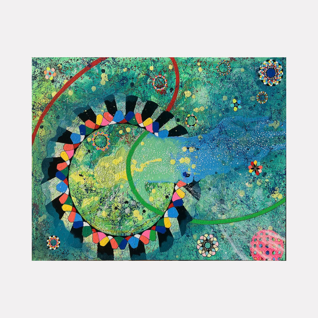 The artwork "Emergence of Consciousness" features an abstract composition with swirling blue and green textures resembling a cosmic or underwater scene, accented by colorful geometric shapes arranged in a circular pattern with black and multicolored segments. Additional small floral and circular motifs scatter across the canvas, by Amy Cheng.