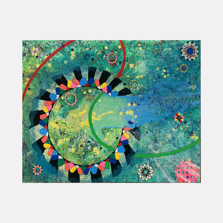 The artwork "Emergence of Consciousness" features an abstract composition with swirling blue and green textures resembling a cosmic or underwater scene, accented by colorful geometric shapes arranged in a circular pattern with black and multicolored segments. Additional small floral and circular motifs scatter across the canvas, by Amy Cheng.
