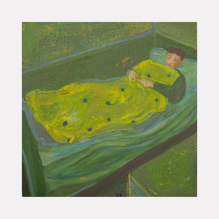 The artwork "Emma napping in their studio" depicts a person lying on a bed covered with a textured yellow blanket featuring dark spots, set against a predominantly green background with visible brushstrokes and an impressionistic style. The figure's face shows a calm expression, with soft lighting enhancing the cozy atmosphere. By Chelsie Sunde.