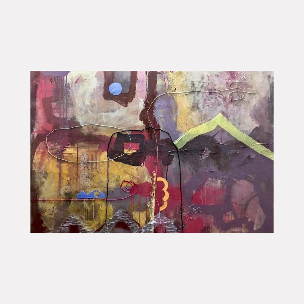 Encampment #02 by Jose Johann Bitancor features abstract geometric shapes and forms in rich burgundy, yellow, and purple hues. A luminous blue orb hovers above layered textures and gestural brushstrokes. Dynamic lines and angular forms create depth against a moody, textured background. Mixed media on canvas creates visual complexity through overlapping elements.