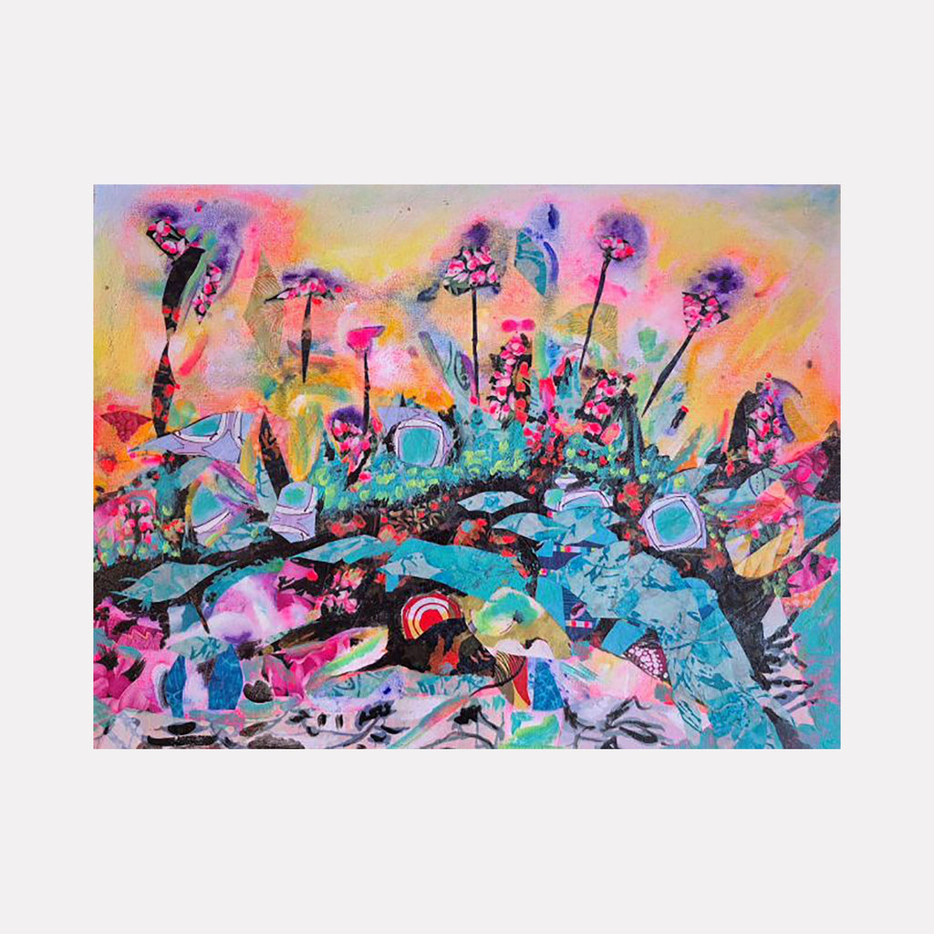 The artwork "Encino Twilight" by James Ehling features an abstract landscape with vibrant hues of pink, blue, and yellow. The composition includes stylized floral shapes and layered textures that create depth and movement, evoking the expressive color fields of Helen Frankenthaler and the organic abstractions of Wassily Kandinsky.