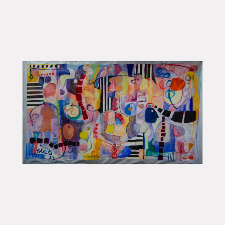 The artwork "Encounter of the second self" features an abstract composition with soft pastel hues blended with bold black and red geometric shapes and lines, creating a dynamic interplay of organic and structured forms. The textured brushstrokes and layered colors evoke depth and motion. By Jennifer Levine.