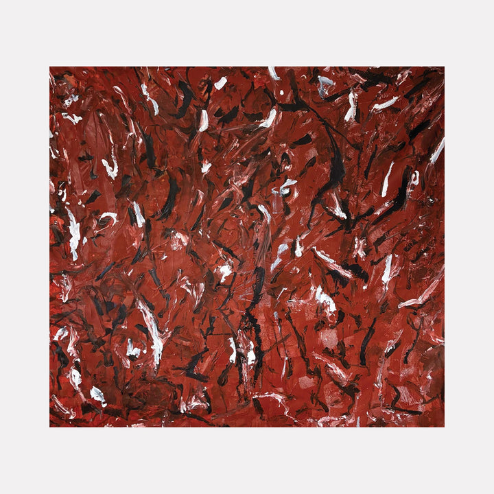 The artwork "End Of November 1" features abstract forms with swirling textures in deep reds, accented by black and white brushstrokes on a large canvas measuring 75 by 70 inches. The acrylic medium creates a dynamic, layered effect evoking autumnal intensity and movement. By Albion Vu.