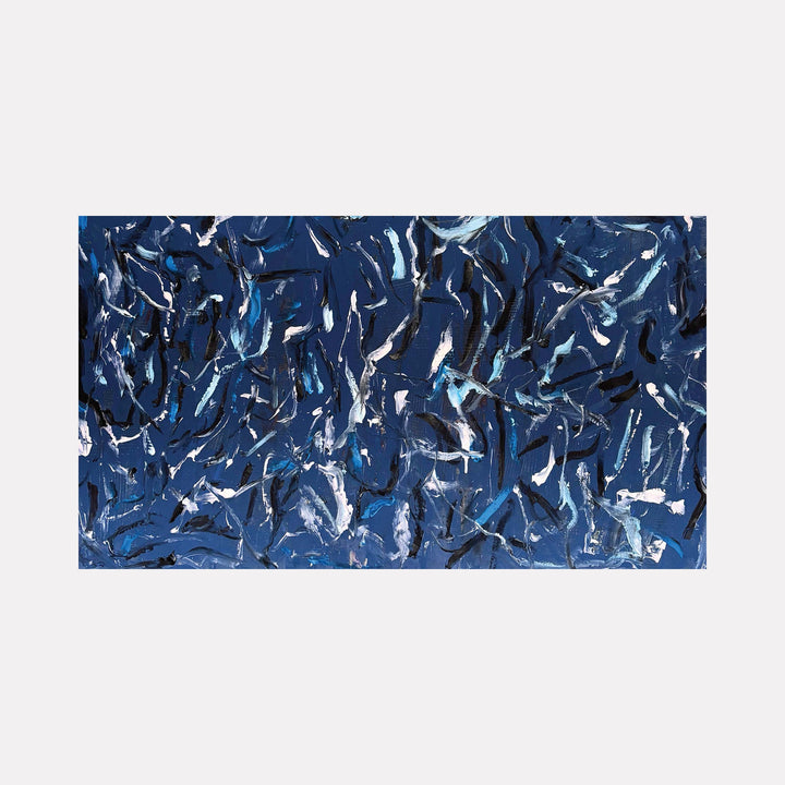 The artwork "End Of November 2" features an abstract composition with swirling and jagged brushstrokes in deep blue tones, accented by touches of white and black, creating a dynamic texture and movement across the canvas. The painting exhibits a contemporary artistic style with layered paint and expressive forms, by Albion Vu.