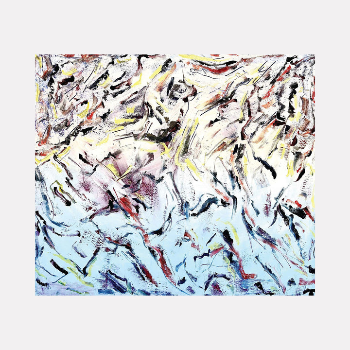 The artwork "End Of November 3" features dynamic abstract acrylic brushstrokes in soft blues, whites, yellows, reds, and black over canvas, creating swirling textures and layered movement that evoke a sense of transition and energy. This large painting measures 68 by 75 inches. By Albion Vu.