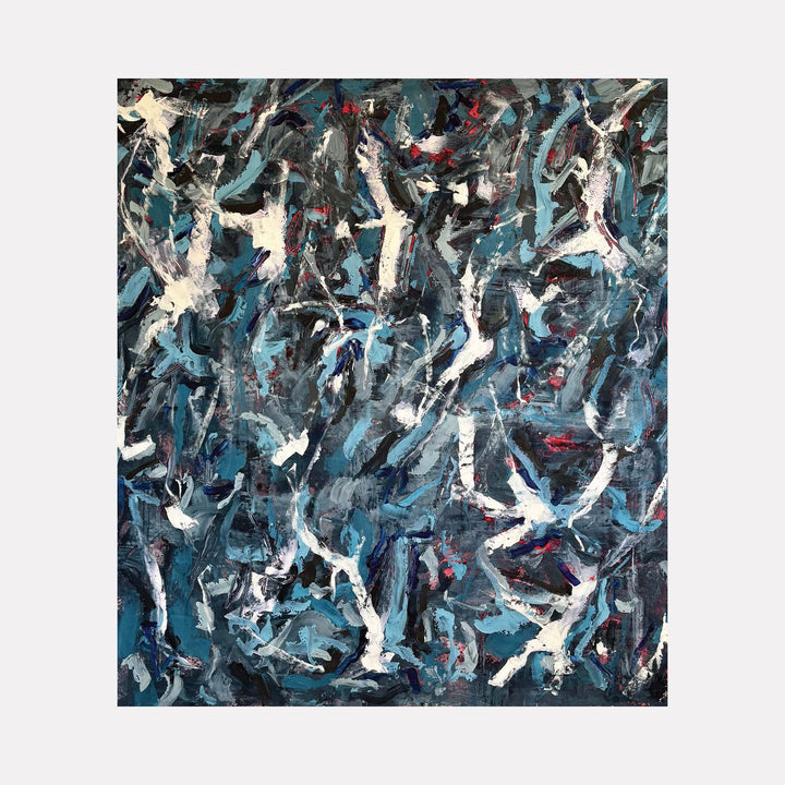 The artwork "End of December 4" by Albion Vu presents an abstract composition dominated by layered brushstrokes in deep blues, grays, and whites with hints of crimson. The textured, gestural forms suggest a flurry of movement, evoking the energetic abstraction reminiscent of Cy Twombly and the atmospheric depth found in works by Willem de Kooning.