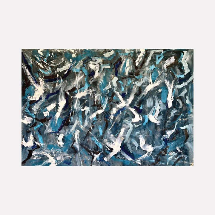 The artwork "End of December 5" by Albion Vu features an abstract composition with dynamic brushstrokes in cold blues, whites, and deep grays. Textured layers and swirling forms evoke a turbulent landscape, reminiscent of the expressive abstraction of Willem de Kooning and the atmospheric depth found in Joan Miró’s dynamic works.