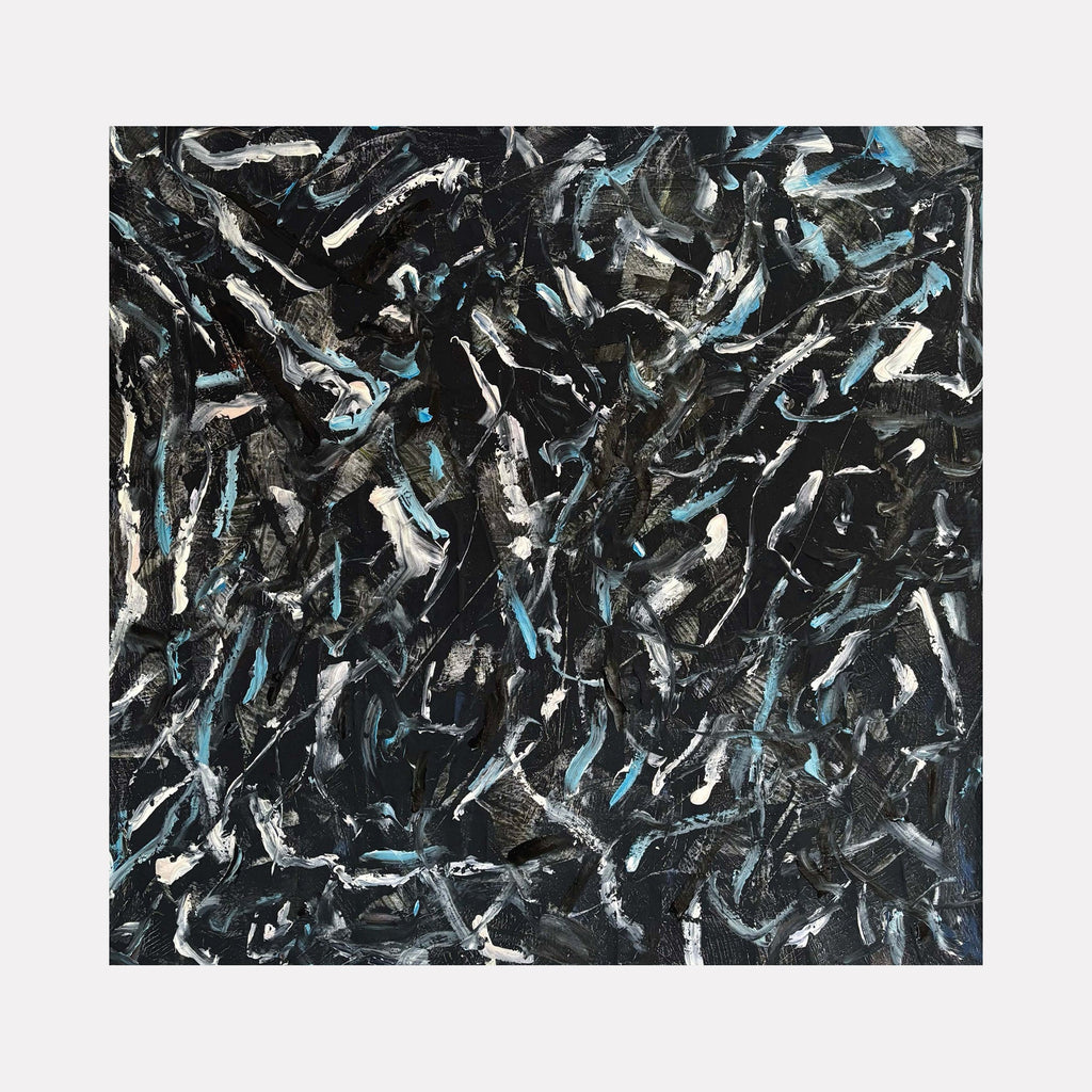The artwork "End Of November 6" features an abstract composition with dynamic brushstrokes in black, white, and hints of blue, creating a textured and layered effect. The chaotic yet balanced arrangement evokes movement and depth, showcasing a modern artistic style. This piece by Albion Vu captures an expressive, abstract mood.