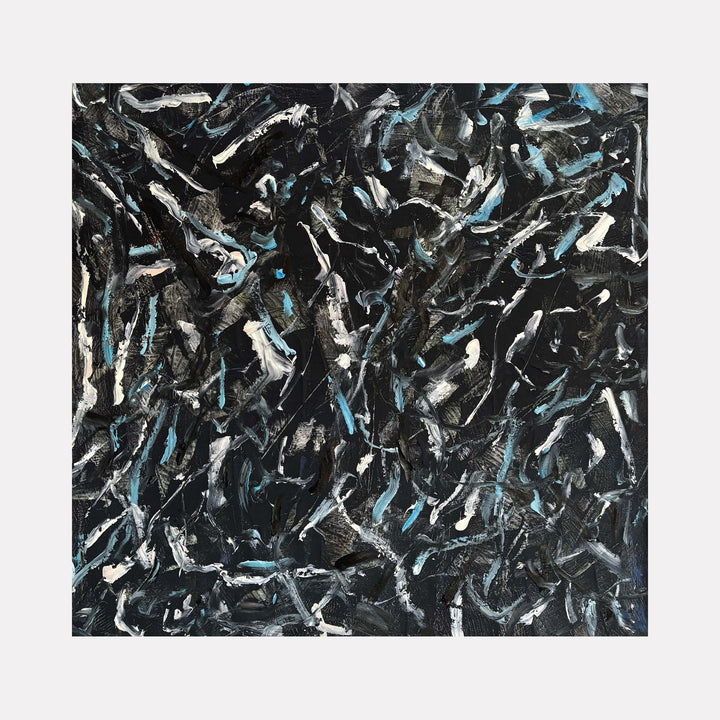 The artwork "End Of November 6" features an abstract composition with dynamic brushstrokes in black, white, and hints of blue, creating a textured and layered effect. The chaotic yet balanced arrangement evokes movement and depth, showcasing a modern artistic style. This piece by Albion Vu captures an expressive, abstract mood.