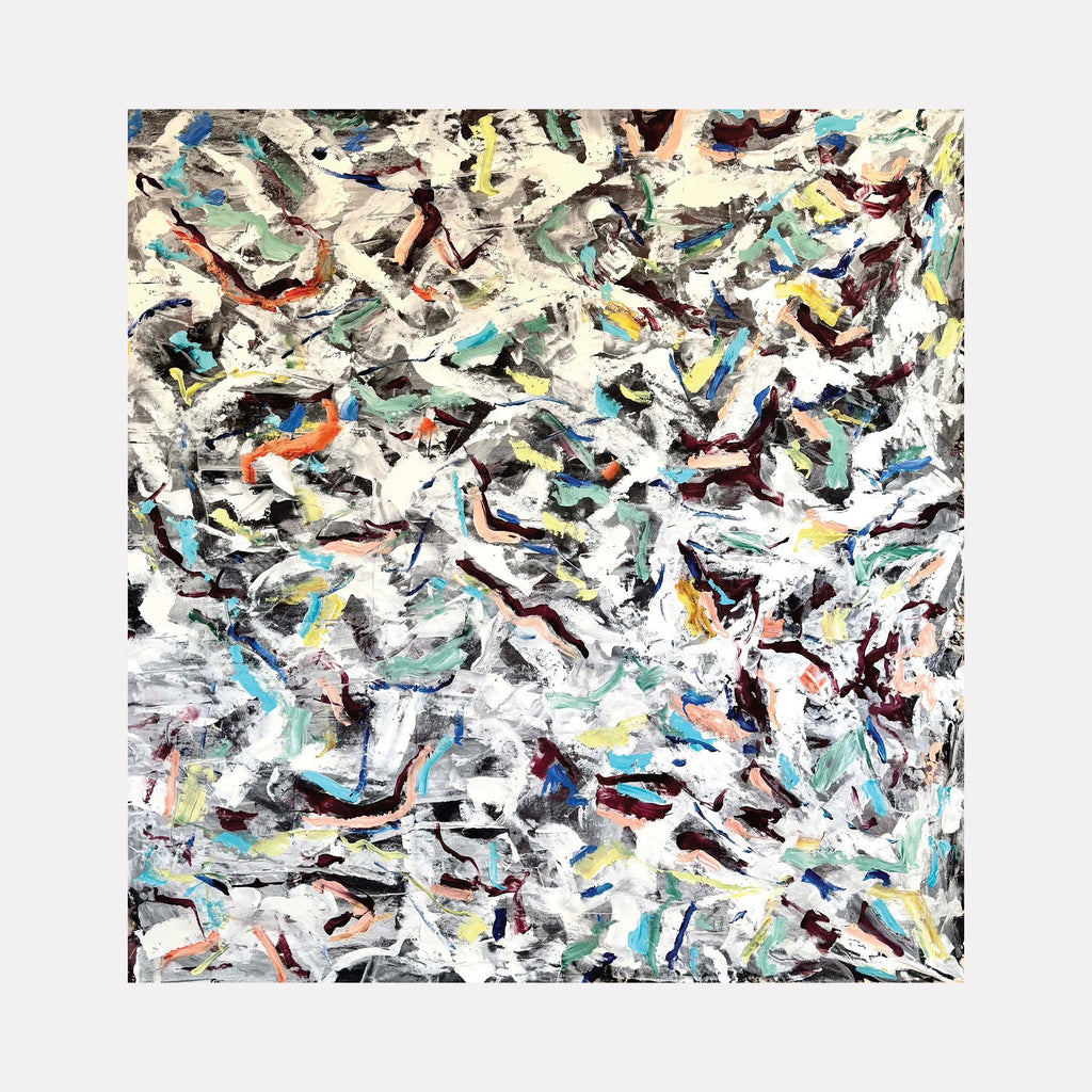 The artwork "End of December 7" by Albion Vu features an abstract composition with layered, swirling brushstrokes in neutral whites, grays, and blacks accented by subtle hints of blue, orange, and yellow. The textured, dynamic forms evoke an energetic rhythm reminiscent of Cy Twombly’s expressive mark-making and the fluid abstraction of Joan Mitchell.