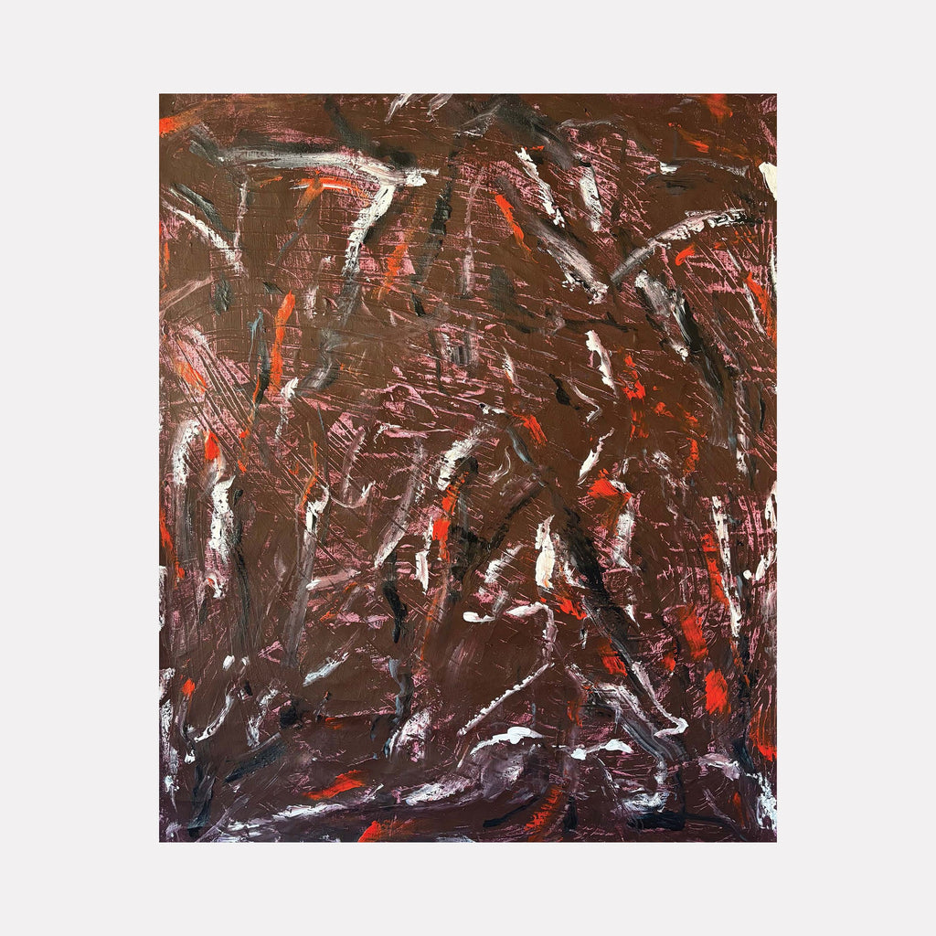 The artwork "End Of November 8.1" by Albion Vu features an abstract composition with rich, textured layers of acrylic paint on canvas. Dominated by deep browns, accented with vivid reds and touches of white and black, the painting conveys a dynamic, organic interplay of swirling shapes and brushstrokes. The piece measures 46 by 38 inches.
