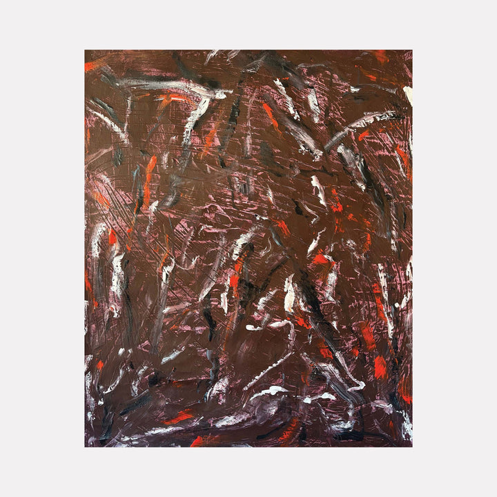 The artwork "End Of November 8.1" by Albion Vu features an abstract composition with rich, textured layers of acrylic paint on canvas. Dominated by deep browns, accented with vivid reds and touches of white and black, the painting conveys a dynamic, organic interplay of swirling shapes and brushstrokes. The piece measures 46 by 38 inches.