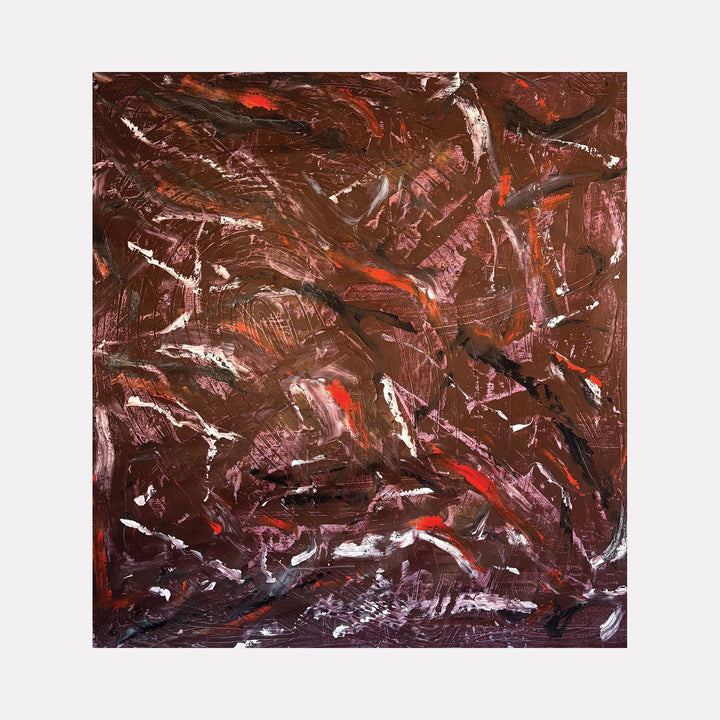 The artwork "End Of November 8.2" features an abstract composition with swirling textures and bold brushstrokes in deep brown, red, black, and white tones, creating a dynamic sense of movement and depth. The textured layers suggest organic shapes and raw energy. By Albion Vu.