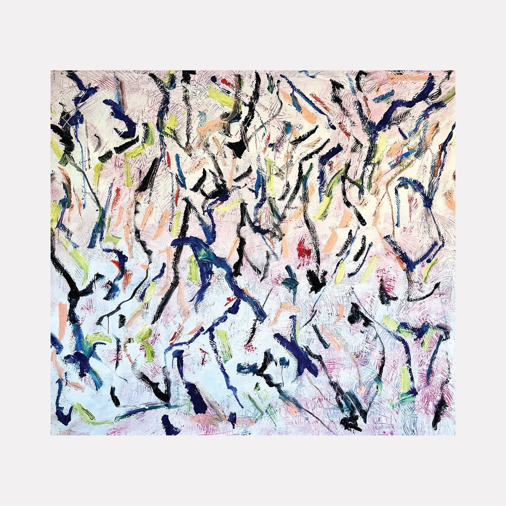 The artwork "End Of November 9" features an abstract composition with dynamic black and blue strokes interwoven with soft pastel hues of pink, peach, and light green on a textured canvas surface. The piece displays expressive acrylic brushwork with fluid, organic shapes and intricate layering by Albion Vu.