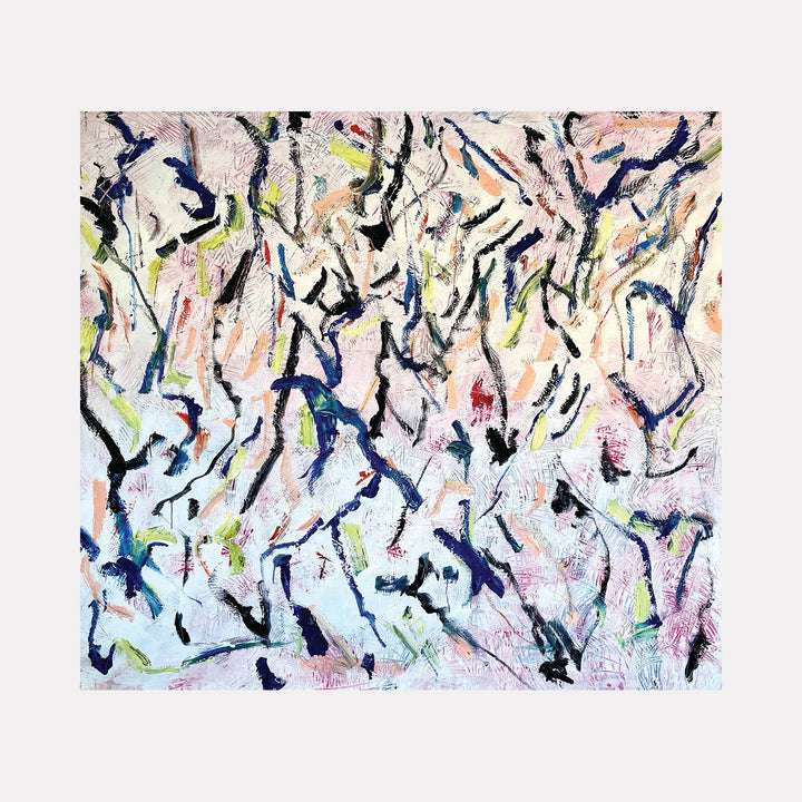 The artwork "End Of November 9" features an abstract composition with dynamic black and blue strokes interwoven with soft pastel hues of pink, peach, and light green on a textured canvas surface. The piece displays expressive acrylic brushwork with fluid, organic shapes and intricate layering by Albion Vu.