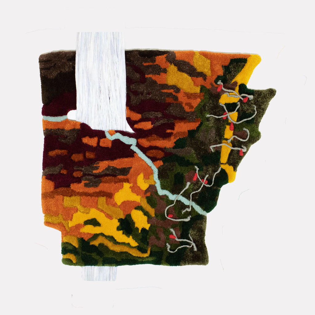 The artwork "Endangered Natural State" by Abigail Henthorne features a richly textured abstract map of Arkansas in warm autumnal hues of deep orange, rust, olive, and ochre, accented with a flowing white vertical stripe and red nodes connected by winding white lines. The piece’s tactile layering and organic forms recall the earthiness of Andrew Wyeth and the vibrant patterns of Alma Thomas.