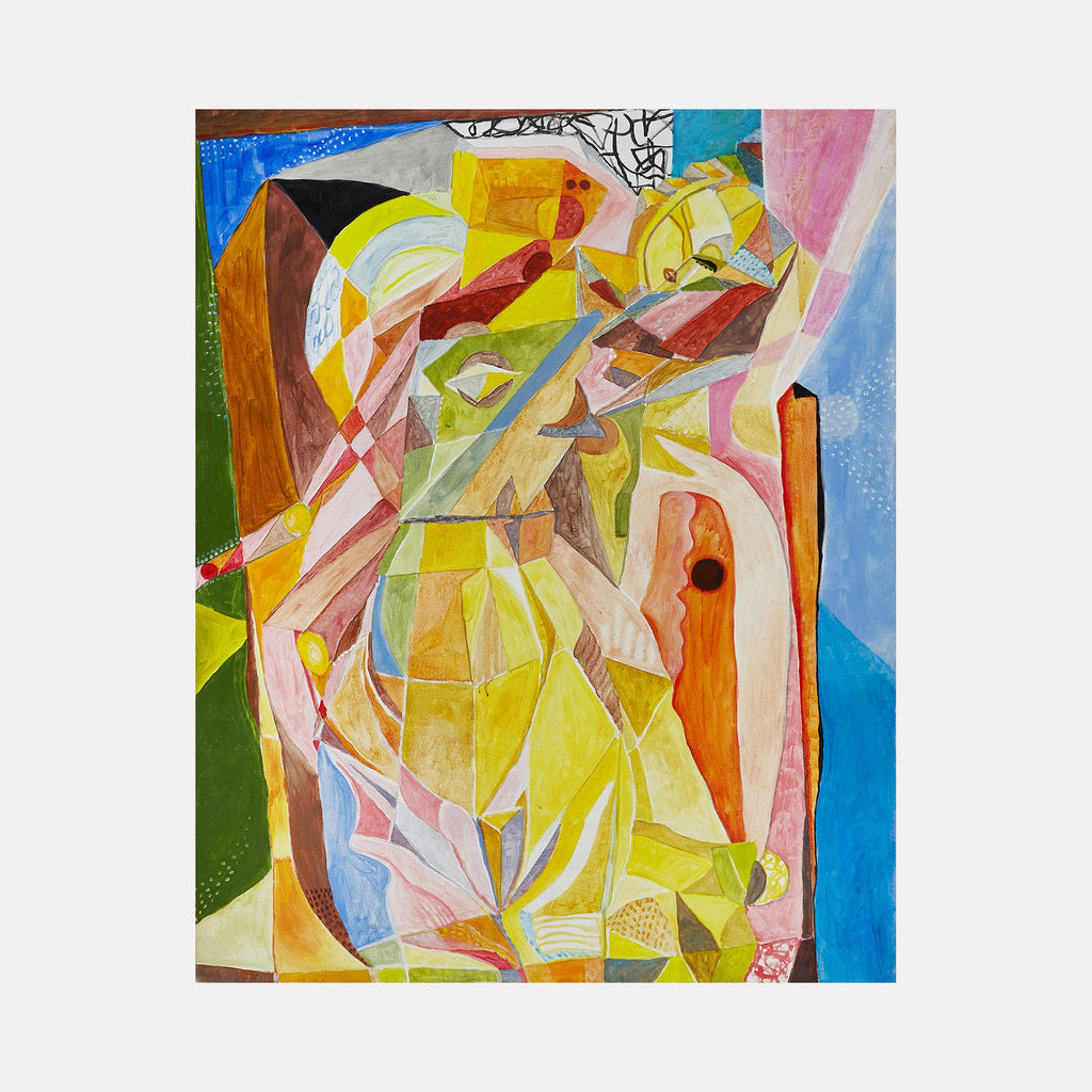 The artwork "Entice" by Lisa Warren features a dynamic abstract composition of interlocking geometric shapes in warm yellows, oranges, and earthy browns contrasted with cool blues and greens. The layered planes and textured brushwork evoke Cubist influences reminiscent of Picassoâ€™s fragmented forms and the bold color contrasts found in Braqueâ€™s abstractions.