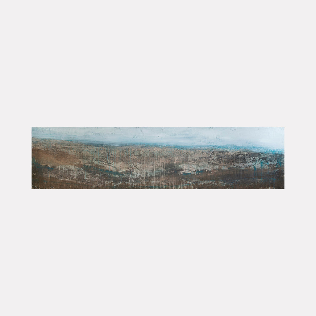 The artwork Epilogue Landscape by Deborah Chaney depicts a textured, panoramic landscape with layered earth tones of brown and muted gray blending into soft blue skies, evoking a moody atmosphere reminiscent of the abstract landscapes by Gerhard Richter and the muted palettes of Mark Rothko, combining realism and abstraction in a contemplative style.