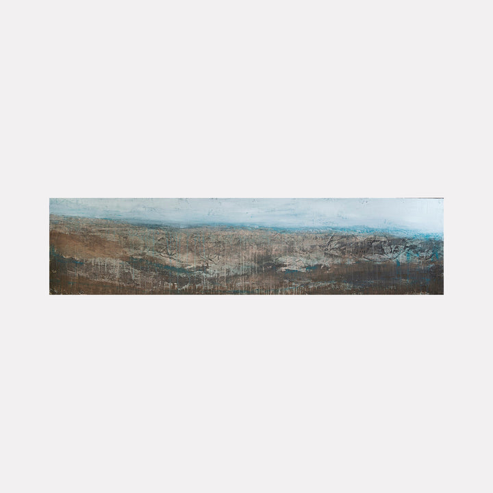 The artwork Epilogue Landscape by Deborah Chaney depicts a textured, panoramic landscape with layered earth tones of brown and muted gray blending into soft blue skies, evoking a moody atmosphere reminiscent of the abstract landscapes by Gerhard Richter and the muted palettes of Mark Rothko, combining realism and abstraction in a contemplative style.