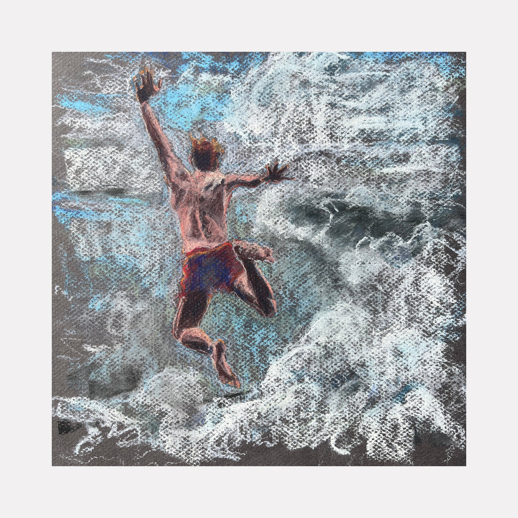 The artwork "Equilibrium 3" by Jo Carol Mitchell-Rogers depicts a dynamic figure jumping into churning ocean waves rendered with textured pastel strokes. The vibrant use of blues, whites, and warm skin tones evokes a sense of movement and exhilaration reminiscent of impressionist and expressionist styles similar to Edgar Degas and J.M.W. Turner.