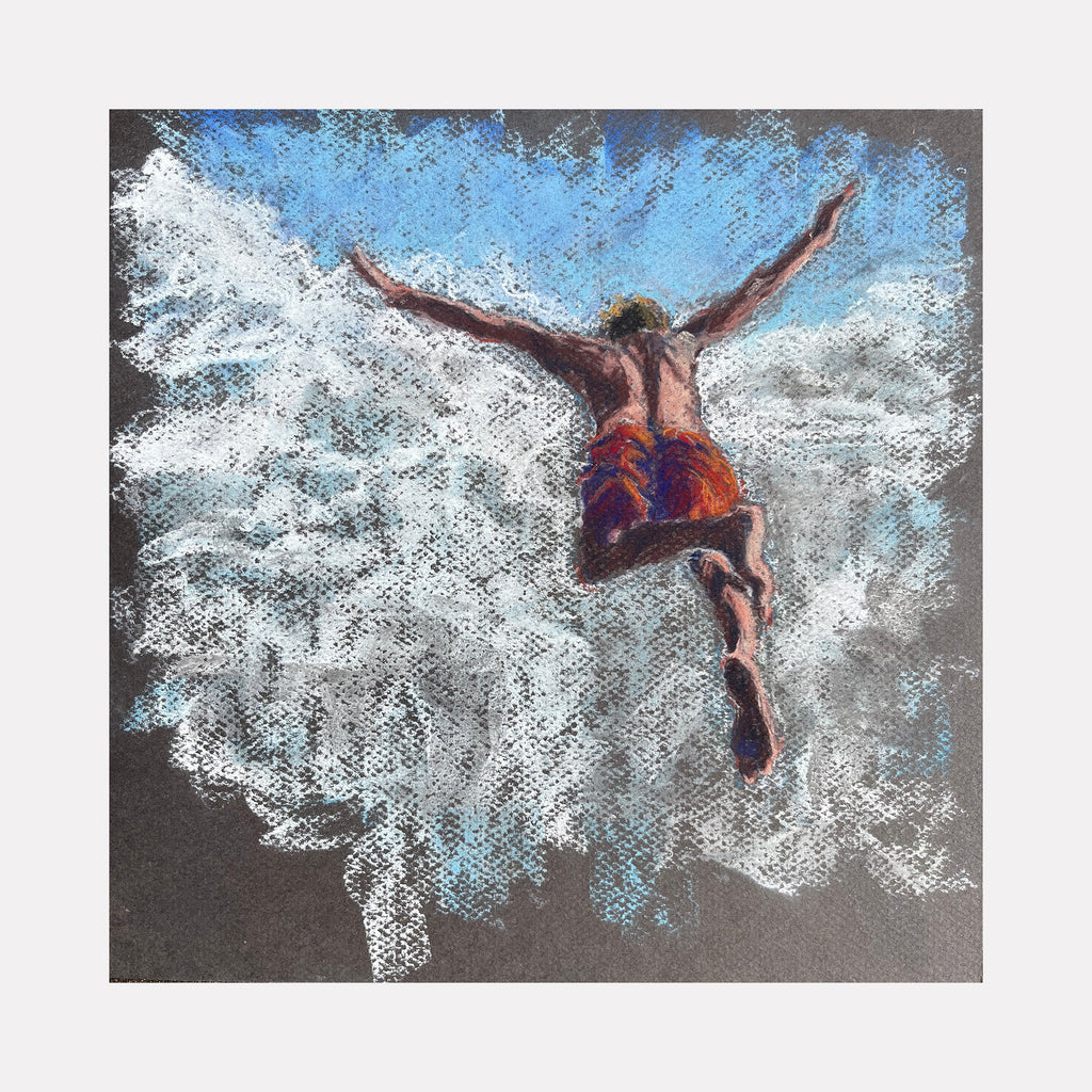 The artwork "Equilibrium 4" by Jo Carol Mitchell-Rogers depicts a figure mid-air with arms outstretched, wearing vibrant orange and red shorts. The background features textured, swirling clouds in shades of white and blue against a dark backdrop, reminiscent of impressionist techniques seen in works by J.M.W. Turner, capturing a dynamic sense of movement and balance.