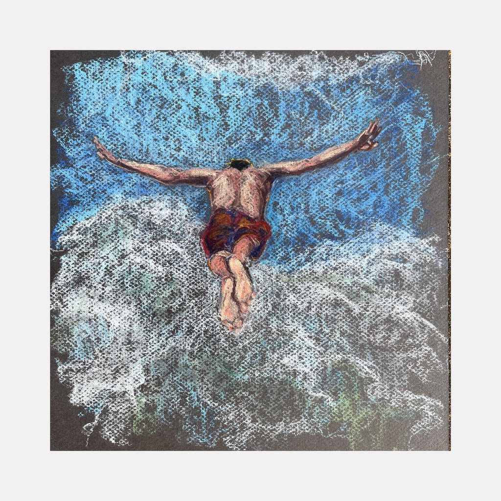 The artwork "Equilibrium 5" by Jo Carol Mitchell-Rogers depicts a figure diving into water with arms outstretched, viewed from above. The piece uses layered textured strokes in blues, whites, and earth tones, reminiscent of impressionist techniques similar to Edgar Degas' dynamic human forms and Claude Monet’s fluid water effects.