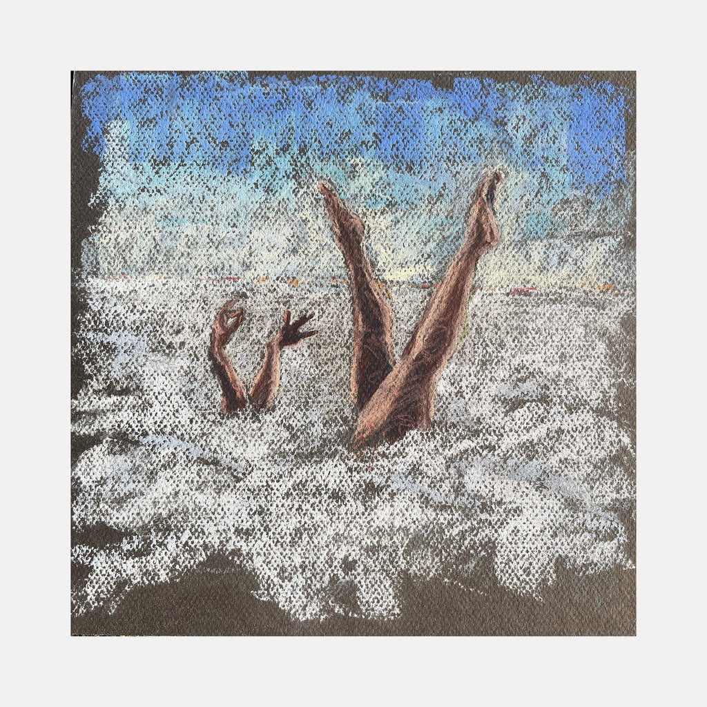 The artwork "Equilibrium 6" by Jo Carol Mitchell-Rogers depicts a pair of raised legs and hands emerging from a textured, frothy white surface resembling waves or foam, set against a vivid blue sky. The piece features expressive brushstrokes and a muted, earthy palette, reminiscent of impressionist and surrealist styles, evoking the fluid dynamism of works by Edgar Degas and René Magritte.