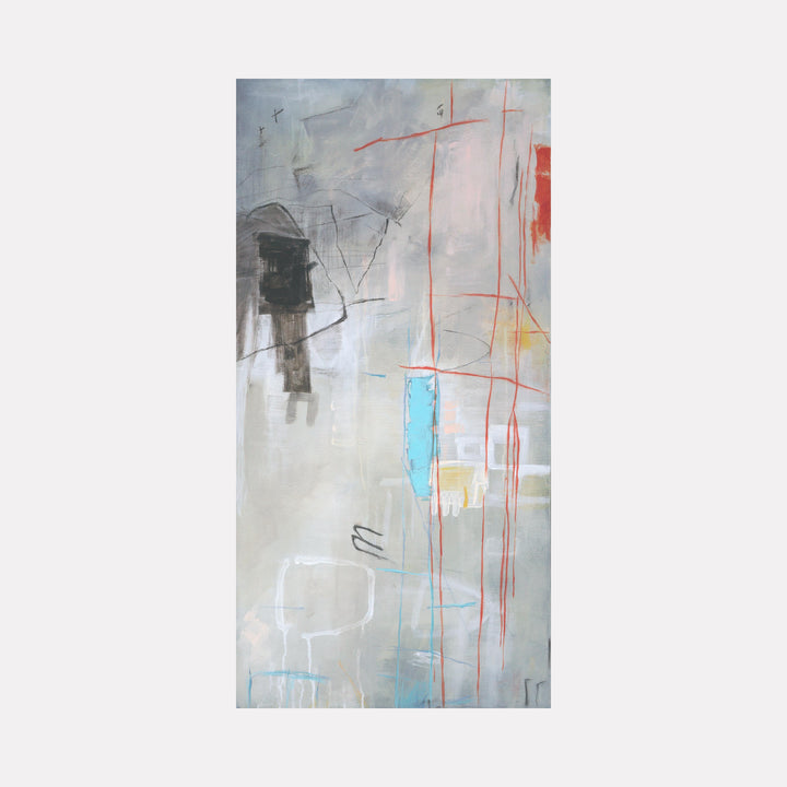 Escala by Victoria Primicias features a delicate abstract composition with a soft gray background accented by fine linear marks in rusty red, subdued blue, and muted black. The layered texture and subtle color contrasts evoke a quiet, introspective mood with a refined balance of organic and geometric elements.