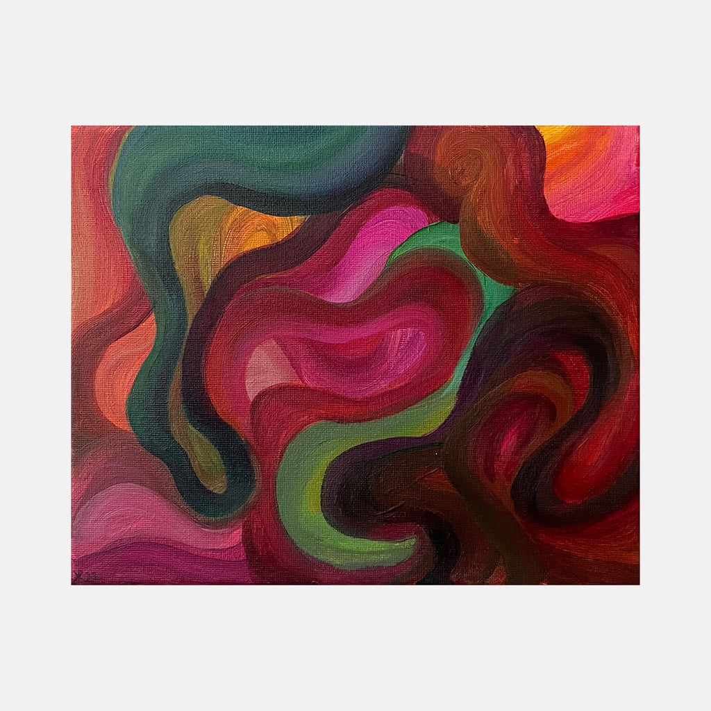 The artwork "Essence" features swirling, organic shapes in rich, layered hues of red, pink, green, and orange, creating a fluid, abstract composition with textured acrylic brushstrokes. The medium enhances the depth and vibrancy of the 9 by 11-inch piece. Created by Kim Rosebud.