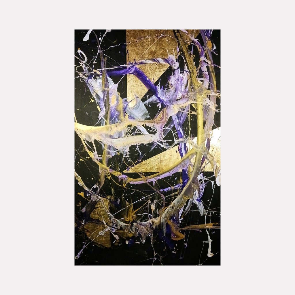 The artwork 'Ethereal' by Nicholas Franklin features dynamic abstract composition with sweeping brushstrokes in deep purple and metallic gold against a black background. Energetic splatter patterns and fluid lines create a sense of movement, while contrasting light and dark elements suggest celestial or cosmic imagery. Acrylic on canvas, 30x48 inches.