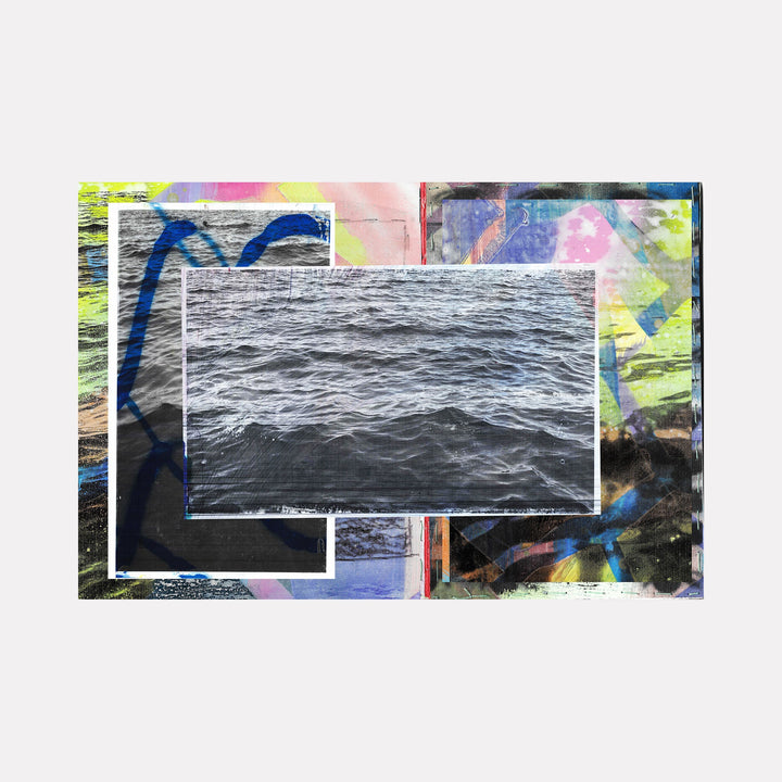 The artwork "Every Wave" by Francisco Donoso features a dynamic composition blending photographic realism with abstract expressionism. Central to the piece is a detailed black and white photograph of ocean waves, framed by vibrant, layered graffiti-style textures in neon yellows, blues, pinks, and purples. The interplay of crisp water imagery with chaotic urban paint strokes evokes styles reminiscent of Robert Rauschenberg’s combines and Gerhard