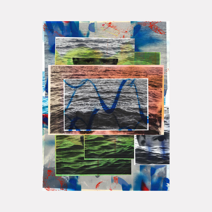 The artwork "Every Wave Crashes On My Back" by Francisco Donoso features layered photographic images of water and waves with abstract blue and red brushstrokes reminiscent of Gerhard Richter's textural style. The composition includes rectangular frames overlapping vibrant green, blue, and orange hues, evoking the dynamic movement of the sea in a contemporary mixed-media collage.