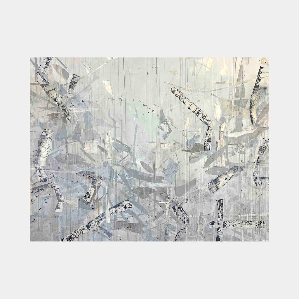 The artwork "Everyday" by Shira Toren features an abstract composition in muted grays and soft neutrals with layered, fragmented shapes and subtle textured brushstrokes. The fragmented, overlapping elements evoke a sense of urban landscape and quiet complexity, reminiscent of works by Mark Bradford and Richard Diebenkorn.