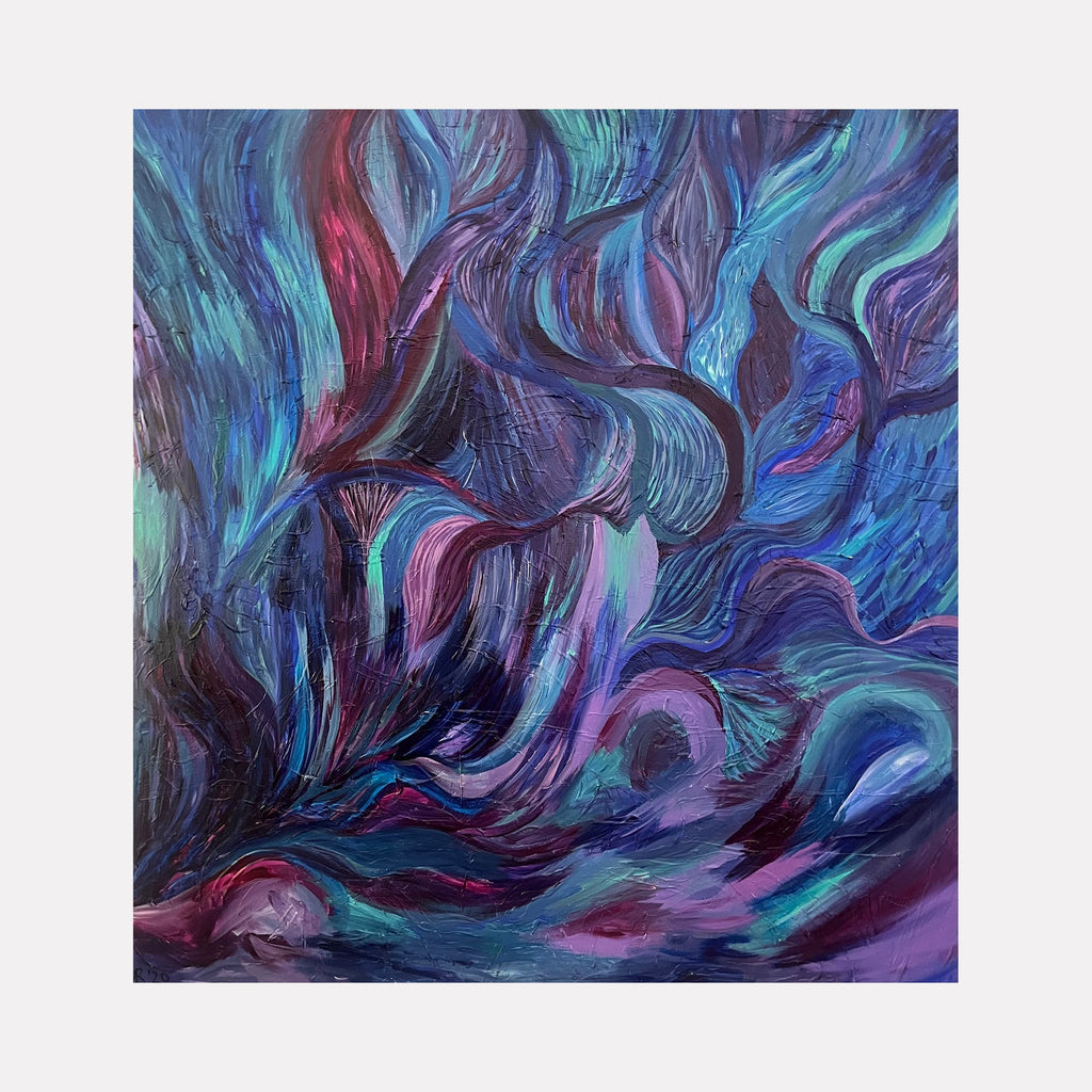 The artwork "Everything and Nothing Matters" features swirling, flowing shapes in shades of blue, purple, teal, and hints of red, rendered in textured acrylic brushstrokes creating an abstract, fluid composition that evokes movement and depth. The painting measures 43.25 by 41.5 inches and is by Kim Rosebud.
